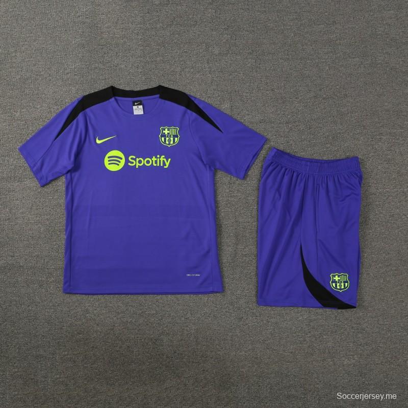 24/25 برشلونة أزرق أزرق قصير الأكمام جيريزي + شورت قصير الأكمام
