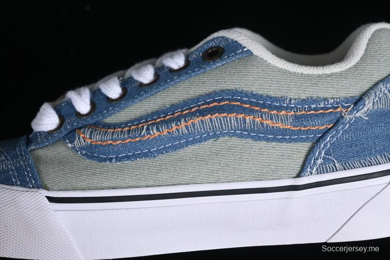 Vans Classics Knu Skool Washed Denim Distressed Vintage Chunky Tongue Skate Shoes - VN0009QCBLK