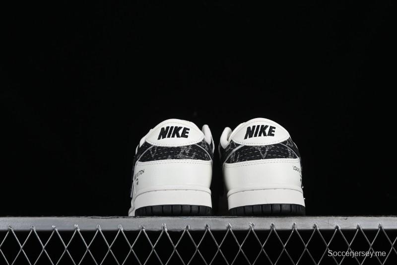 Nike SB Dunk Low LV Collaboration - Beige Black Denim Floral Anniversary High-End Custom Low-Top Casual Skate Shoes - XB3802-358