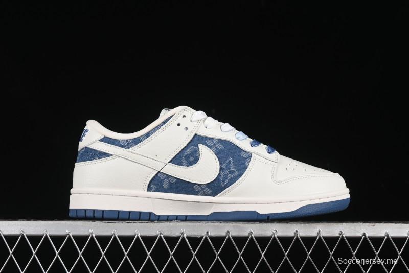 Nike SB Dunk Low LV Collaboration - Beige Blue Print Anniversary High-End Custom Low-Top Casual Skate Shoes - JH8310-954