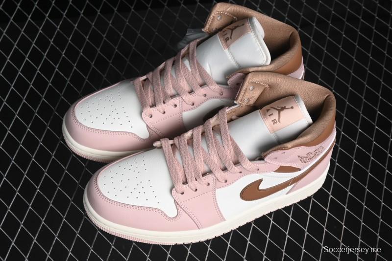 Nike Air Jordan 1 Mid AJ1 Basketball Shoes in Khaki Pink - BQ6472-620