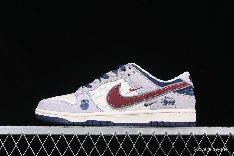 Nike SB Dunk Low Stussy Collaboration Black Burgundy Swoosh Anniversary Custom Low-Top Casual Skate Shoes - DM6868-022