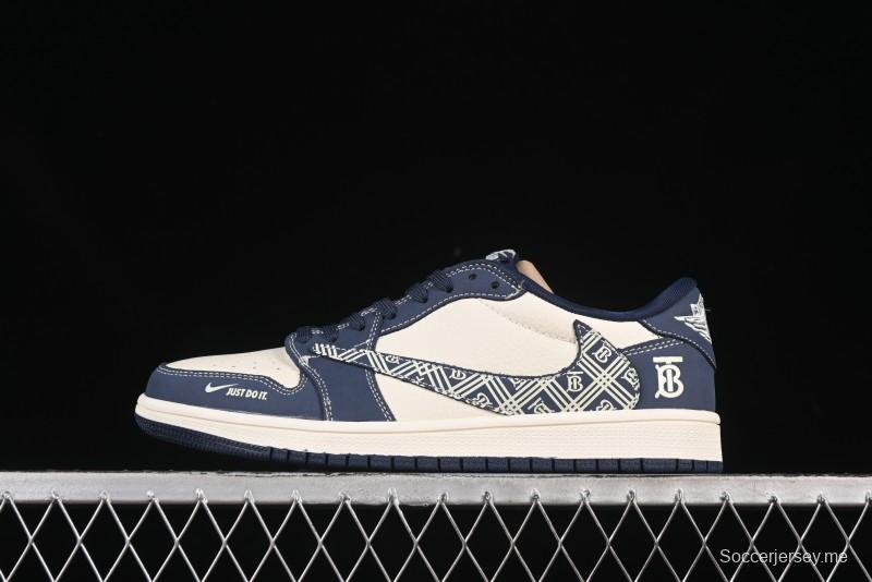 حذاء نايك ترافيس سكوت x Fragment Design x Air Jordan 1 OG Low OG SP AJ1 Burberry Collaboration حذاء رياضي كاجوال منخفض السقف أزرق داكن - LD2025-014