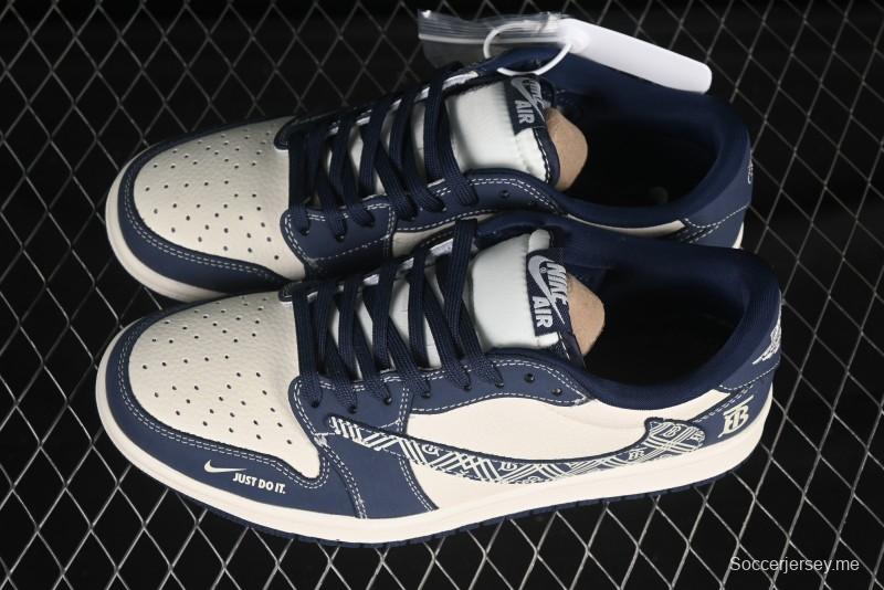 حذاء نايك ترافيس سكوت x Fragment Design x Air Jordan 1 OG Low OG SP AJ1 Burberry Collaboration حذاء رياضي كاجوال منخفض السقف أزرق داكن - LD2025-014