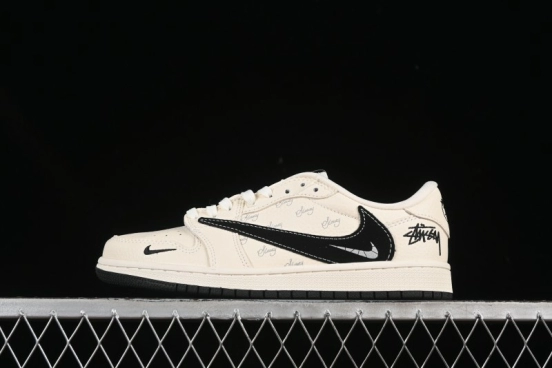 حذاء نايك ترافيس سكوت x Fragment Design x Air Jordan 1 OG Low OG SP AJ1 AJ1 Stussy Collaboration باللون البيج الأسود مع شارة عكسية ذات تصميم منخفض كاجوال - XS2024-043