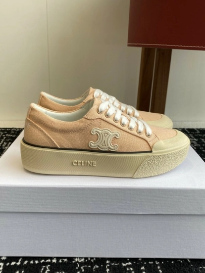 2025 Women Celine Beige Canvas Leather Platform Sneakers