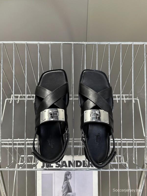 2025 Women Hermès Black Leather Sandals Metal Buckle KFY00300