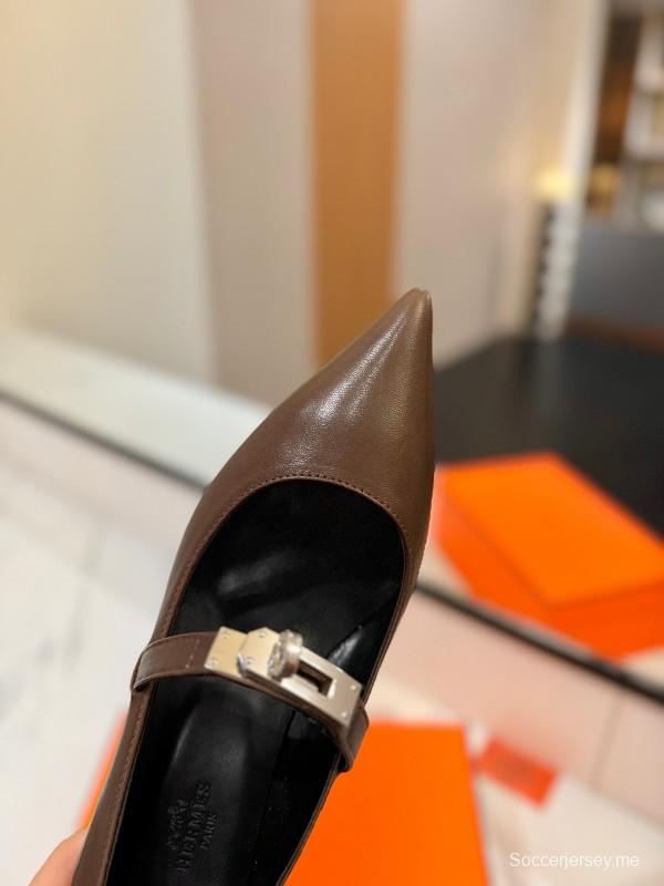 2025 Women Hermès Brown Leather Mary Jane 4cm Heel KFY00330