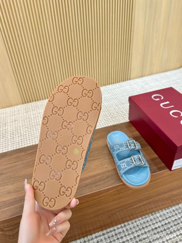 2025 Women Gucci Light Blue Canvas Leather Sandals