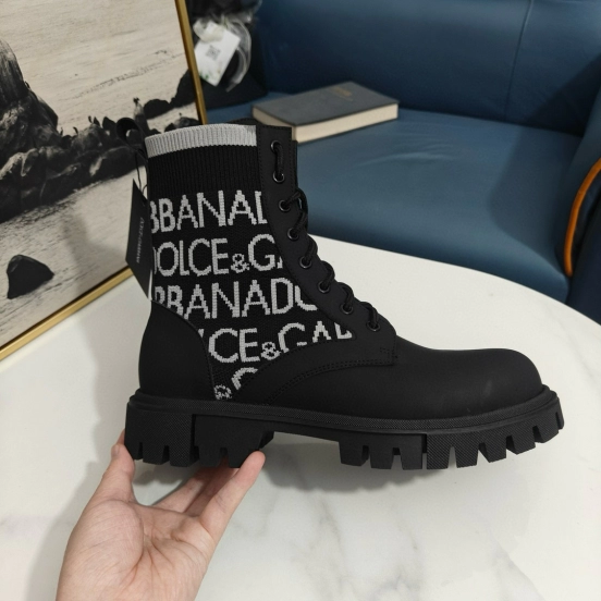 2024 Unisex Dolce & Gabbana Black Knit Leather Combat Boots MJ00390