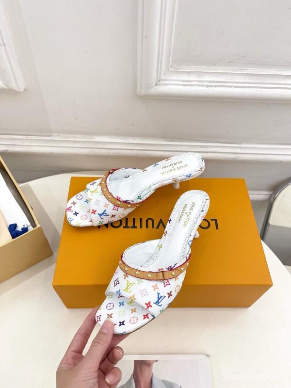 2025 Women Louis Vuitton White Rainbow Leather Slippers MJ00290