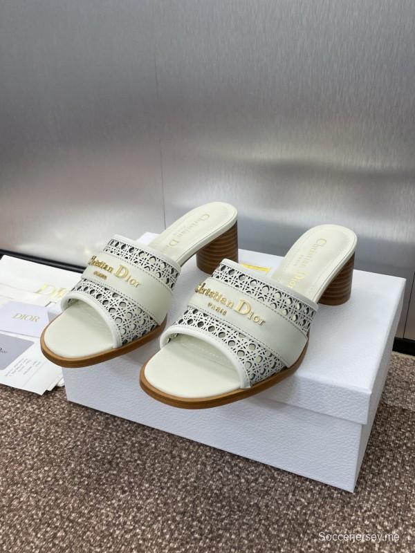 2025 Women Dior White Leather Sandals CD Pattern Low Heel KFY00310