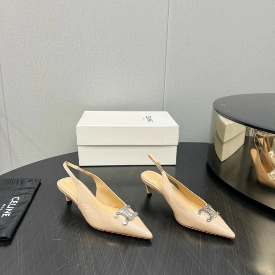 2025 Women Celine Beige Leather Slingback Shoes Metal Buckle