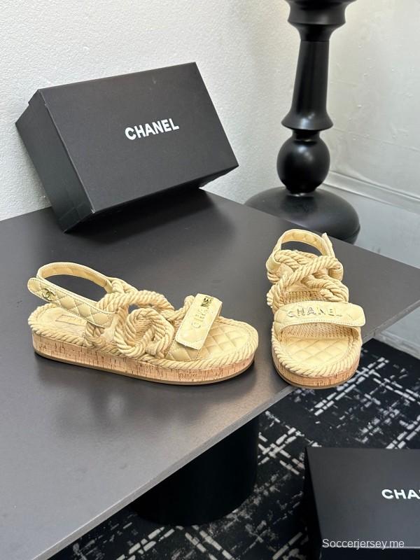 2025 Women Chanel Beige Rope Leather Slingback Sandals