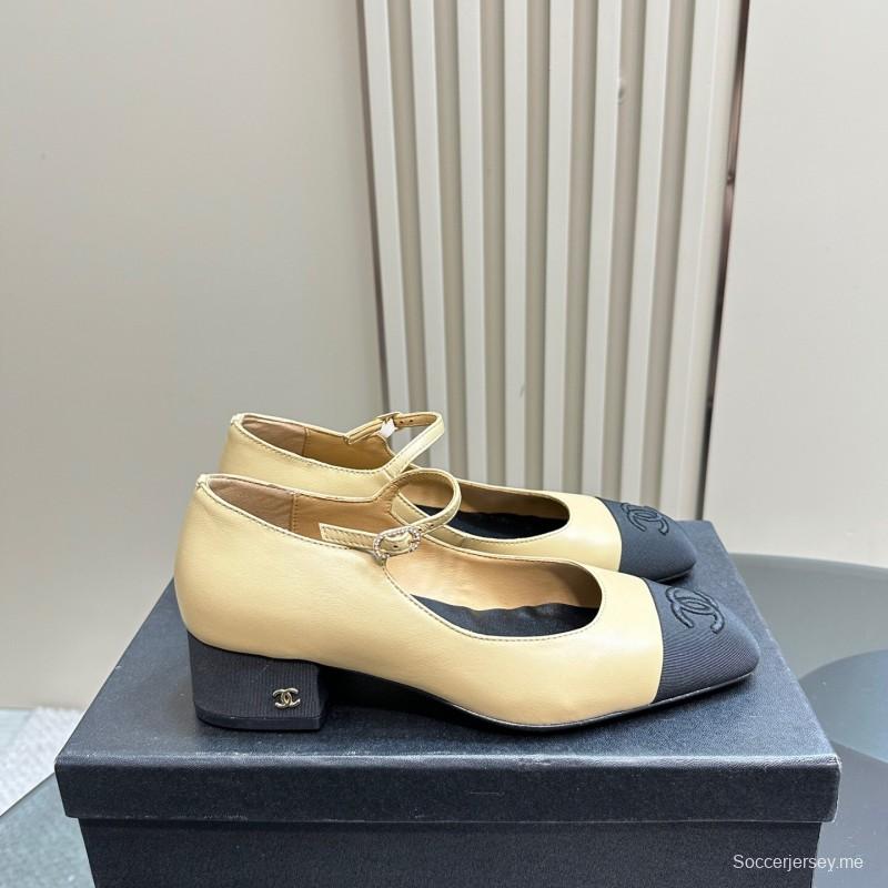2025 Women Chanel Beige Black Leather Mary Jane Shoes KFY00290