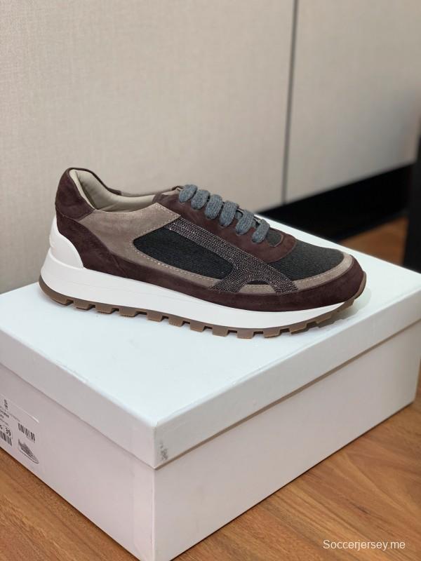 2025 Unisex Brunello Cucinelli Brown Beige Black Suede Leather Sneakers LY