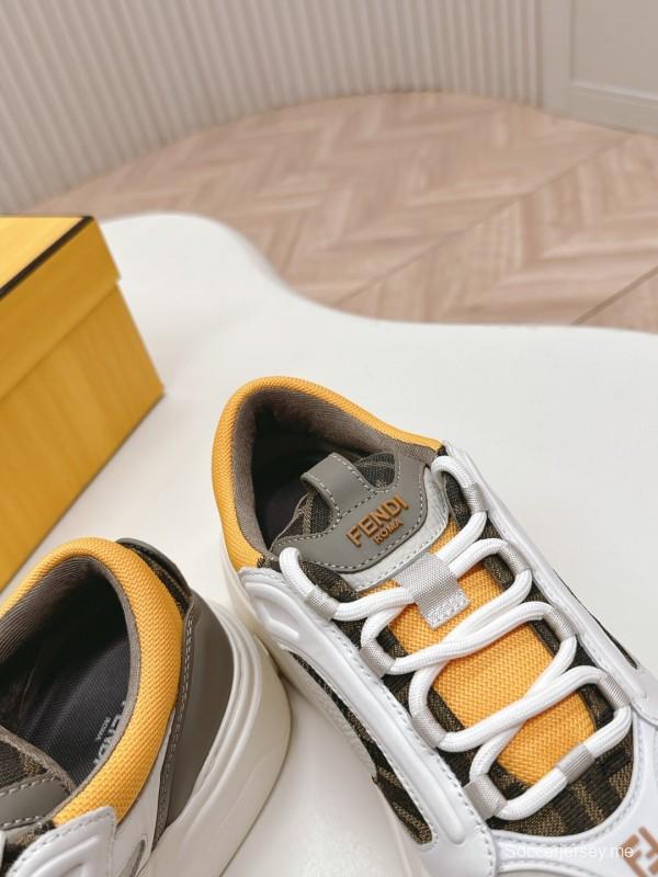 2025 Women Fendi White Grey Yellow Leather Mesh Sneakers