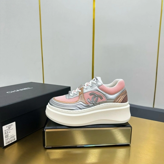 2025 Women Chanel Pink Silver Leather Mesh Sneakers