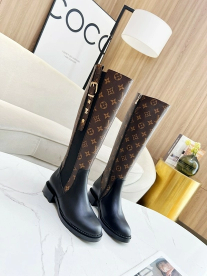 2024 Women Louis Vuitton Brown Black Leather Canvas Boots MJ00430