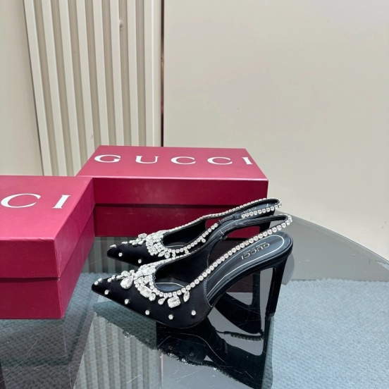 2025 Women Gucci Black Satin Crystal Embellished Slingback Heels