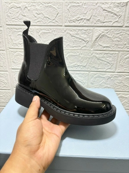 2024 Women Prada Black Patent Leather Ankle Boots MJ00360