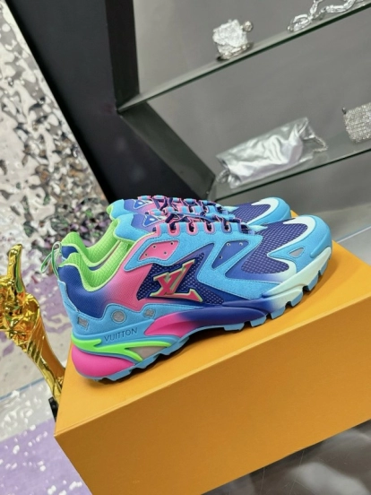 2025 Men Louis Vuitton Blue Pink Green Mesh Leather Sneakers MJ00420