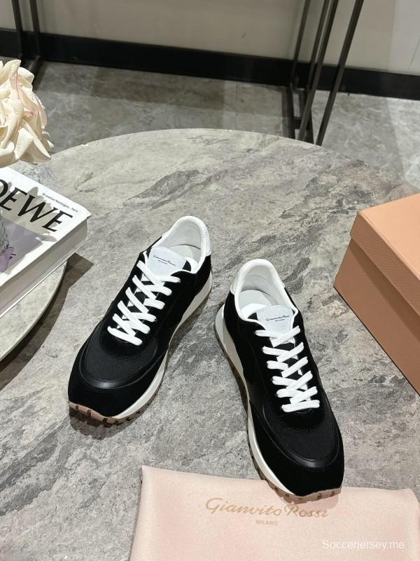 2025 Women Gianvito Rossi Black White Leather Mesh Sneakers