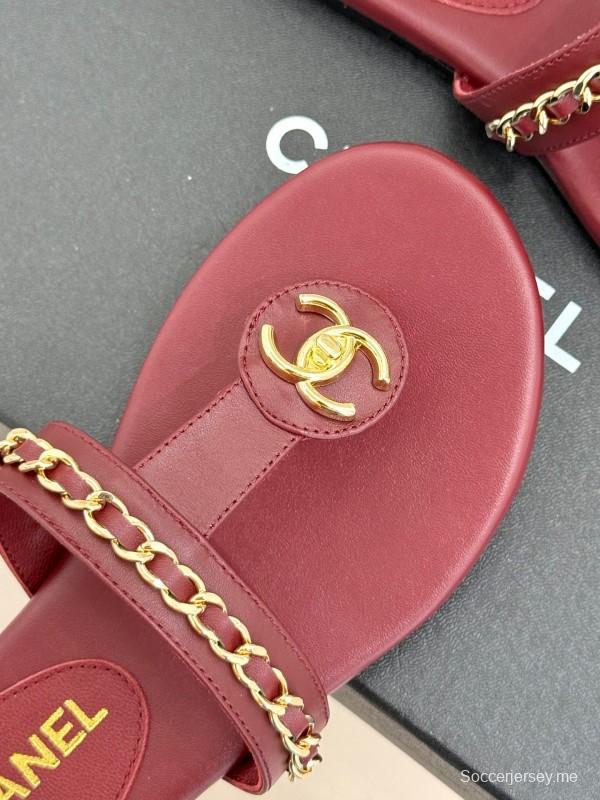 2025 Women Chanel Red Lambskin Chain Sandals KFY00250