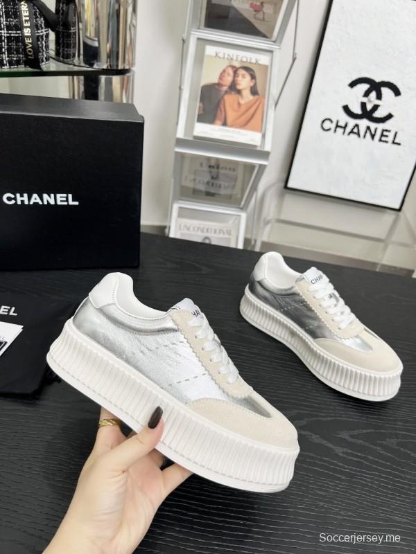 2025 Women Chanel White Silver Suede Leather Sneakers LY00270