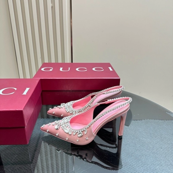 2025 Women Gucci Pink Silk High Heel Slingback Crystal LY00340