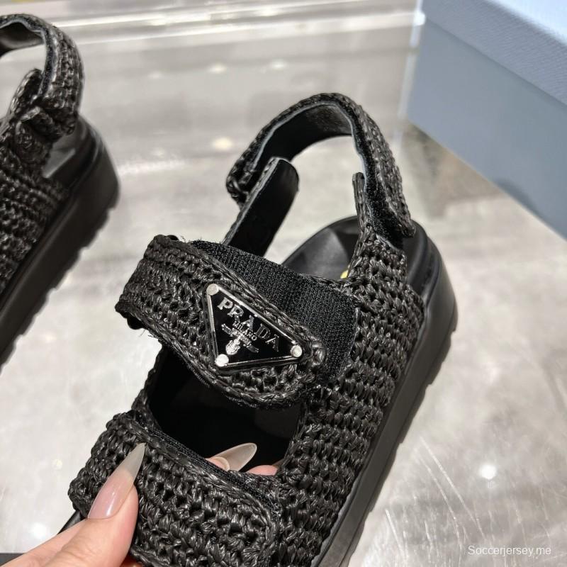 2025 Women Prada Black Woven Leather Sandals LY