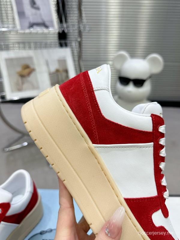 2025 Women Prada Red White Leather Sneakers KFY00310