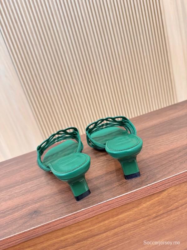 2025 Women Loewe Green Leather Heeled Sandals LY00250