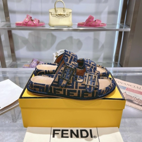 2025 Slippers Fendi Blue Brown Jacquard Buckle KFY00250