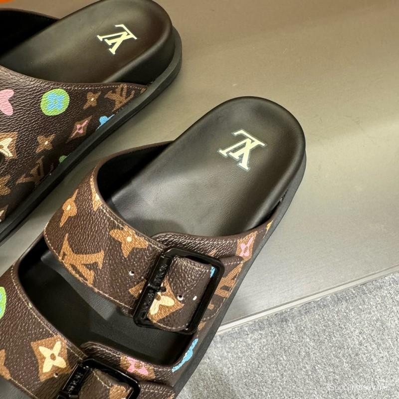 2024 Men Louis Vuitton Brown Black Rubber Leather Sandals Oblique MJ00210