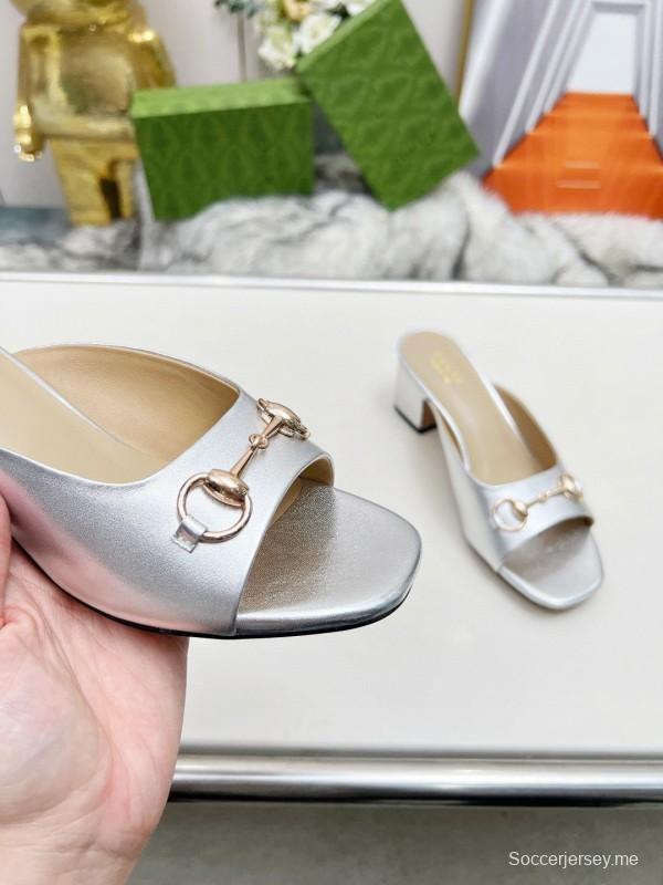 2025 Women Gucci Silver Leather Mules Horsebit MJ00180