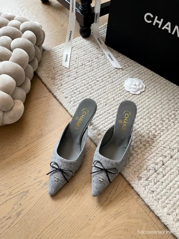 2025 Women Chanel Grey Fabric Pointed Toe Mules KFY00290