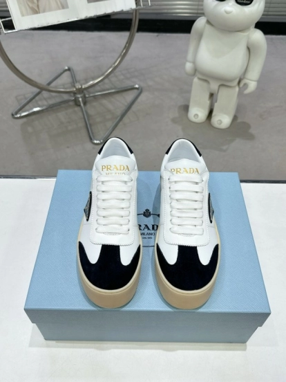 2025 Women Prada White Black Leather Suede Sneakers