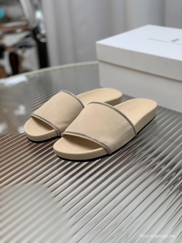 2025 Women Brunello Cucinelli Beige Suede Flat Slide Sandals Handmade Detailing KFY00240 (F)