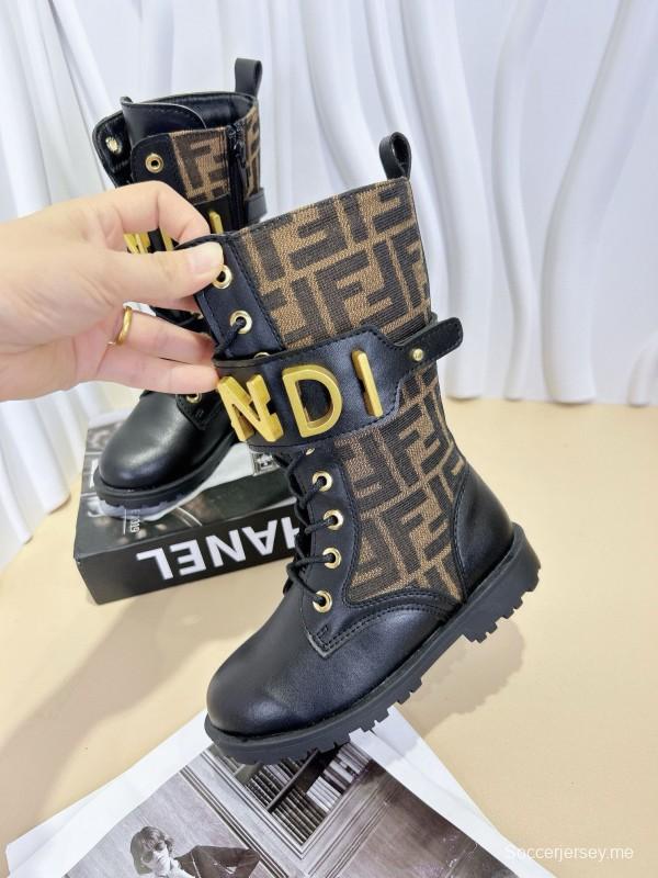 2024 Kids Fendi Black Brown Leather Fabric Boots