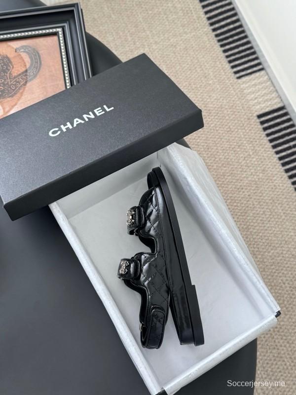 2025 Women Chanel Black Patent Leather Sandals LY00320
