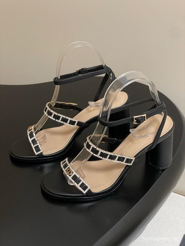 2025 Women Dior Black Leather Crystal Embellished High Heel Sandals