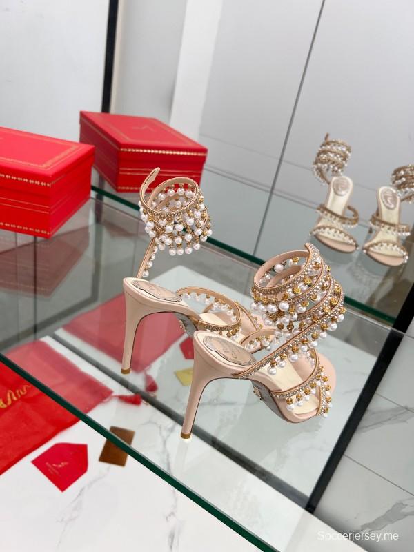 2025 Women RC Champagne Leather Crystal Pearl High Heel Sandal LY00360