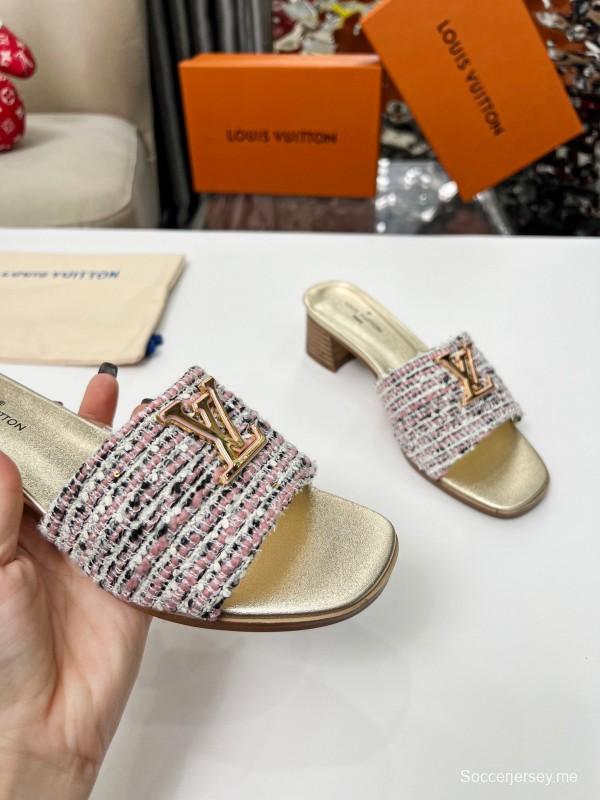 2025 Women Louis Vuitton Pink White Tweed Leather Heeled Mules LY00220