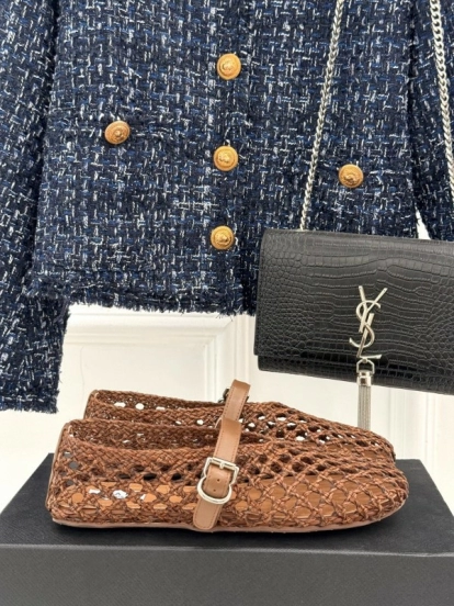 2025 Women AlAIA Brown Leather Woven Mary Jane Shoes