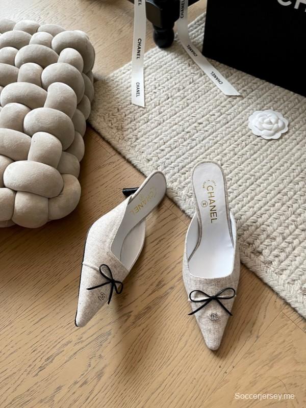 2025 Women Chanel Beige Fabric Pointed Toe Mules KFY00290