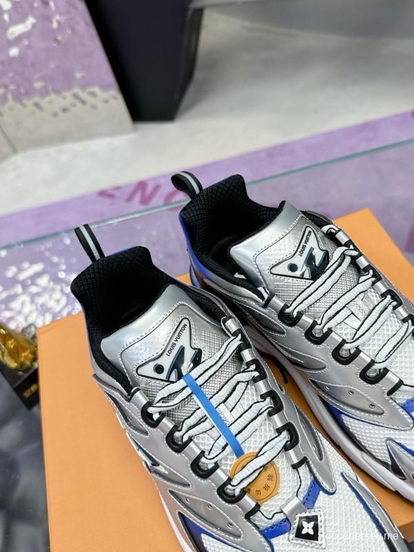 2025 Men Louis Vuitton White Blue Leather Mesh Sneakers MJ00420