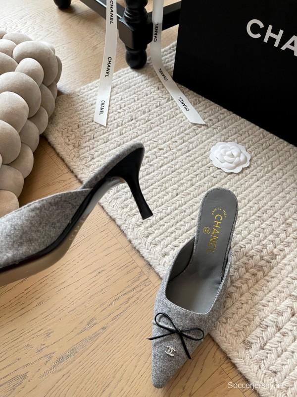 2025 Women Chanel Grey Fabric Pointed Toe Mules KFY00290