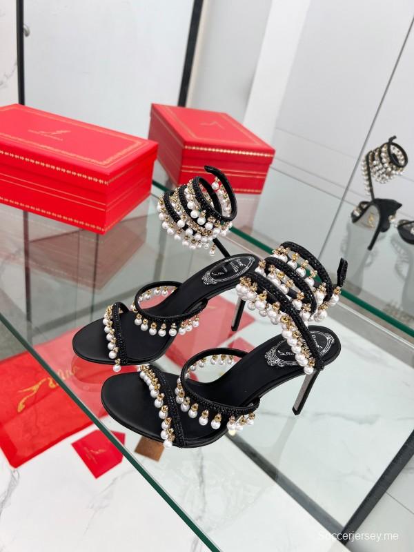 2025 Women RC Black Silk Crystal Pearl High Heel Sandals LY00360