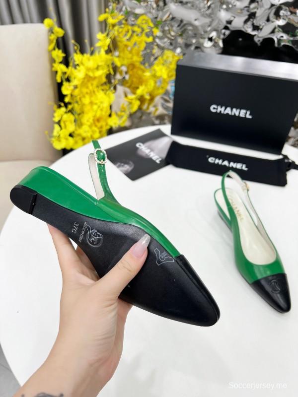 2025 Women Chanel Green Black Leather Slingback Flats